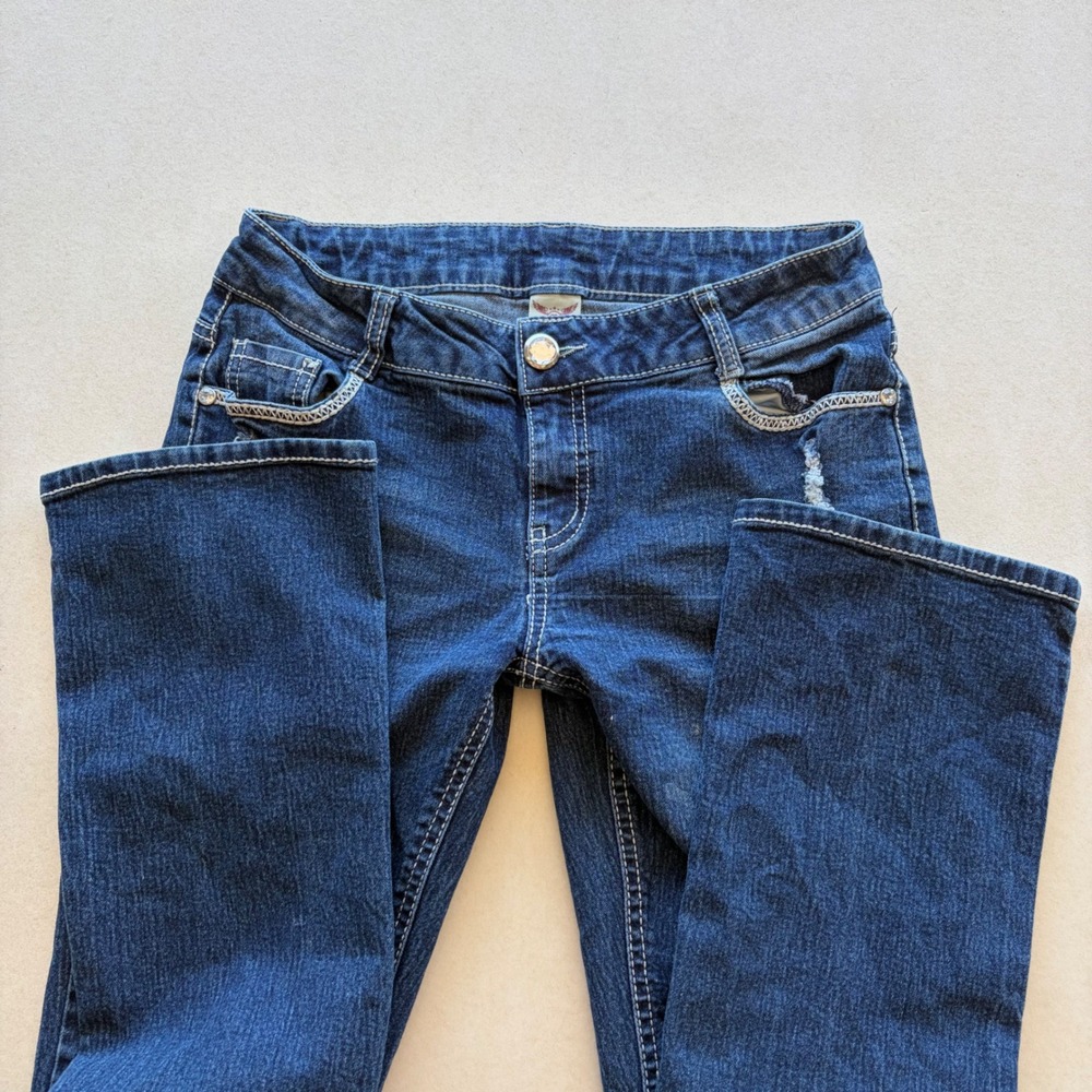 Y2K Faded Glory Jeans Bootcut Flare Embroidered Wing Pockets Distressed 6P